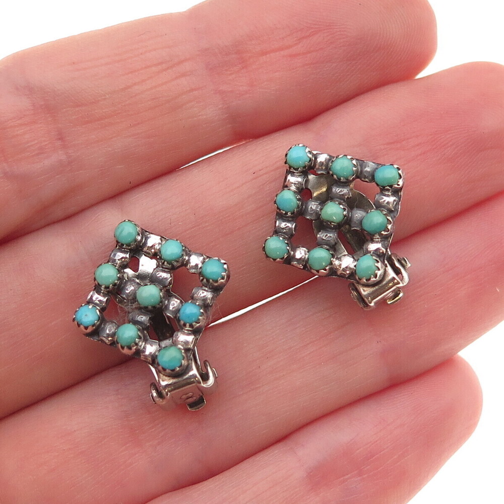 Old Pawn 925 Sterling Silver Vintage Turquoise Snake Eye Tribal Clip On Earrings